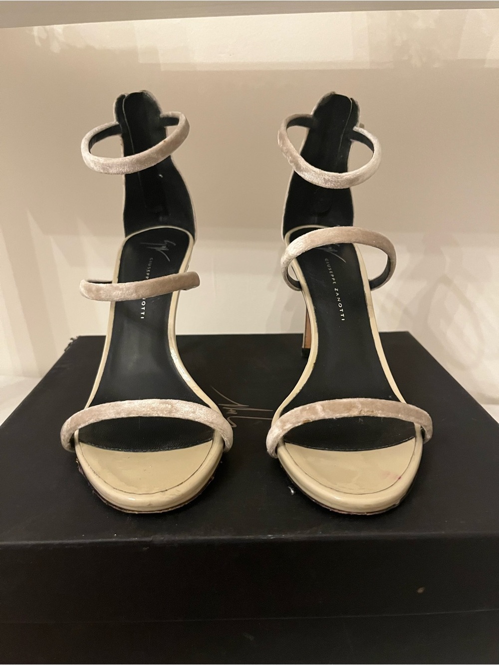 Giuseppe Zanotti Champagne Velvet Triple-Strap High Heels